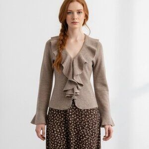 Vintage Women Felt 100% Wool Cardigan Sz S Ruffle Bell Sleeve Cottage Prairie